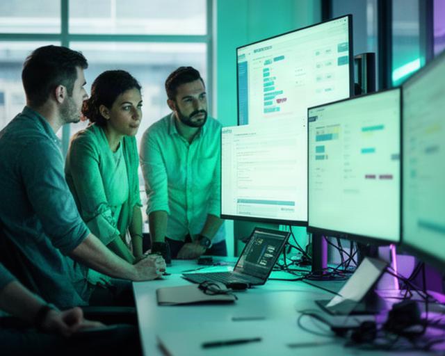 Software engineers reviewing application code on large monitors in a modern Stockport workspace
