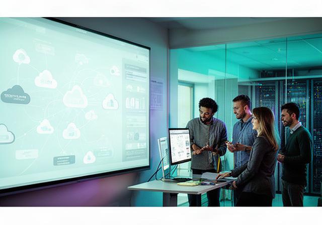 Technology team reviewing cloud infrastructure dashboards in a modern Stockport office