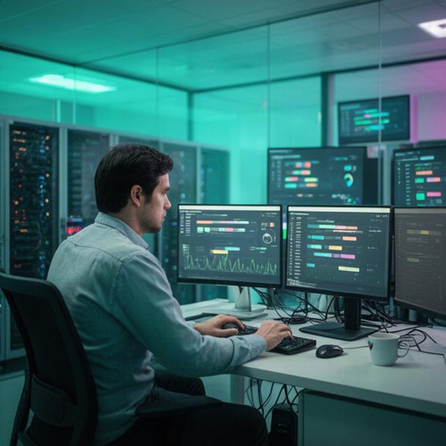 Support engineer reviewing live infrastructure alerts across multiple monitors in a modern Stockport operations room