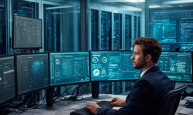 Security analyst reviewing threat alerts on multiple monitors in a UK operations centre