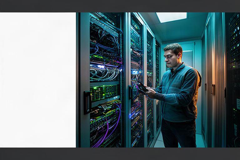 Network engineer reviewing illuminated server racks in a secure UK data room