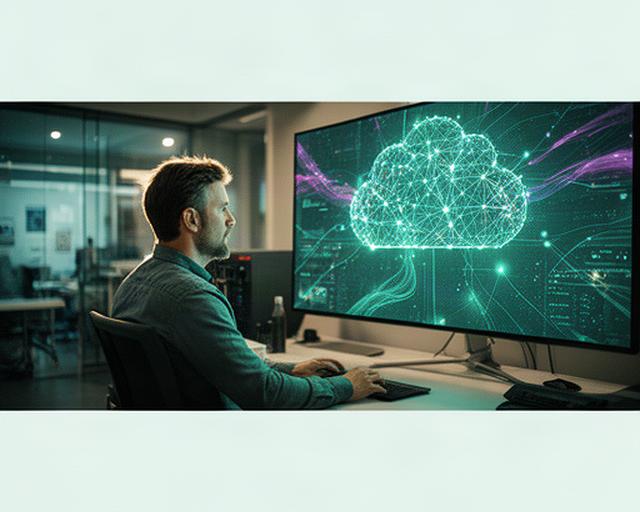 Technology specialist reviewing interconnected network nodes and secure cloud architecture on a screen in a modern Stockport office